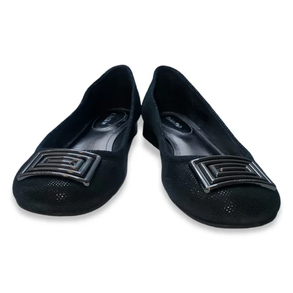 Calvin Klein Black Suede Flats with Silver Emblem - Picture 2 of 7